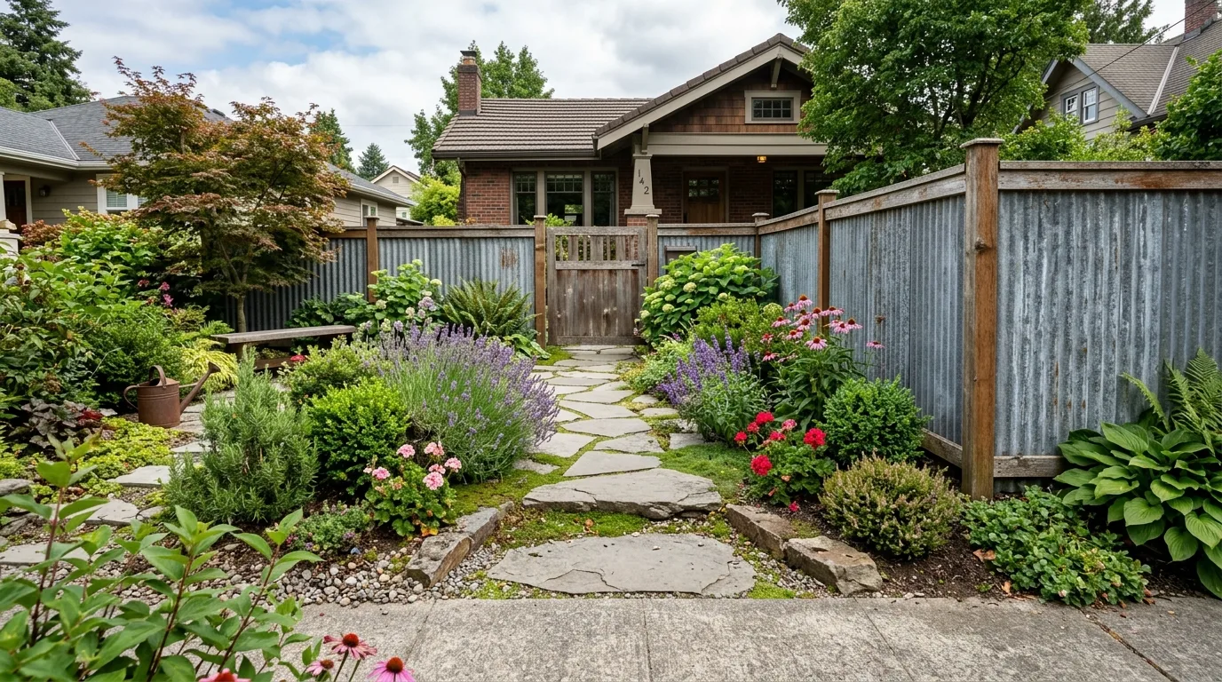 Front Yard Corrugated Fence With Stone Path